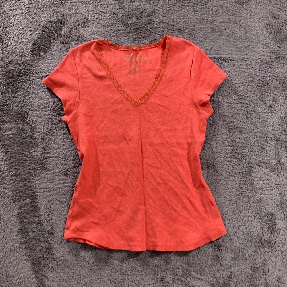 Faded Glory Coral Pink Lace Trim V-Neck Ribbed Stretch Tee Shirt‎ Womens